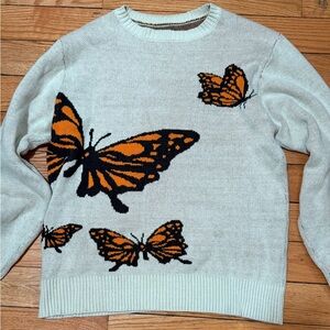 PacSun Cream Crewneck Sweater with Orange & Black Butterfly Motif